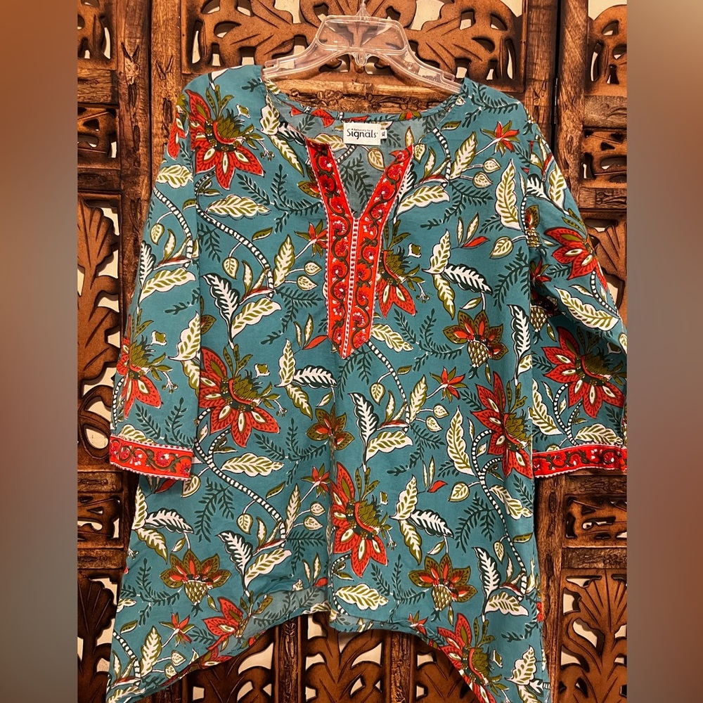 Bohemian style teal and Red Tunic Top and cropped pants set